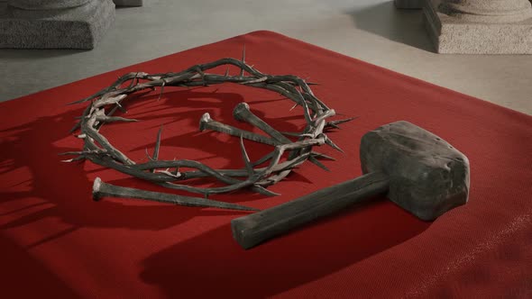 Crucifixion Of Jesus Christ Symbol on Red Cloth Table