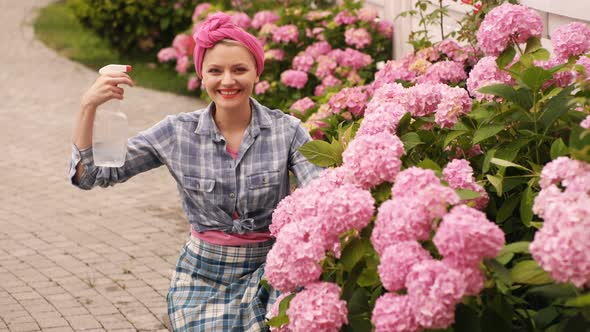 Garden Scene with Girl Plants Hydrangeas, Watering Flowers in Garden, Spring Time. Young Woman Is