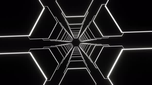 White Led Neon Hexagons Tunnel on Dark Background Seamless Animation