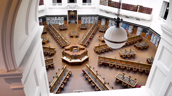 Looking down on the State Library of Victoria - empty due to COVID-19 restrictions in Melbourne, Aus