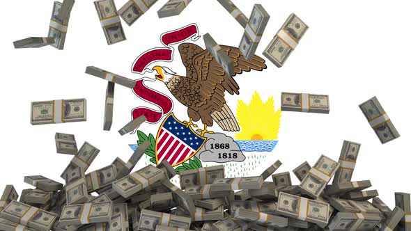US Dollars falling in front of Illinois State Flag