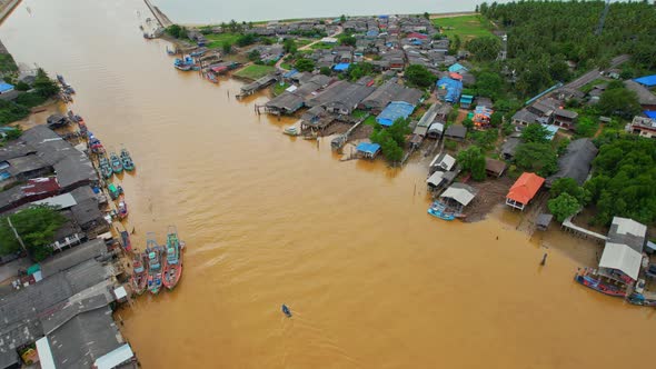 Aerial view over the river, harbor and fishing villages