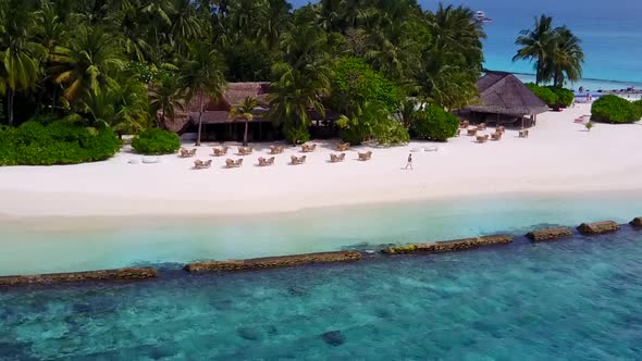Drone aerial scenery of lagoon beach by blue lagoon with sand background