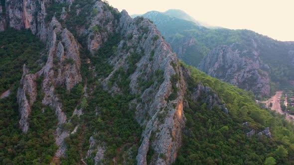 Grey Rock Formations and Mountains with Green Forests