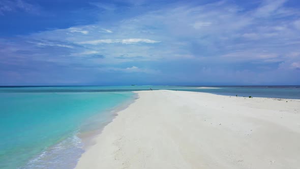 Aerial flying over landscape of tranquil sea view beach time by clear lagoon and clean sandy backgro