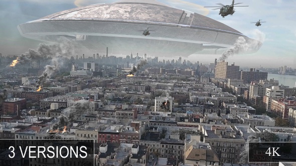 Alien Spaceship Invasion Over Destroyed New York Illustration alt