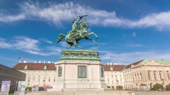 Statue Rider Erzherzog Karl on Horseback with Flag in Hand Timelapse Hyperlapse