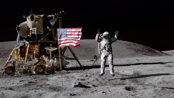 Astronaut Jumping On The Moon And Saluting the American Flag