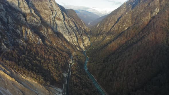 Amazing Mountain River Mzymta in the Evening Landscape of Sochi Sunset