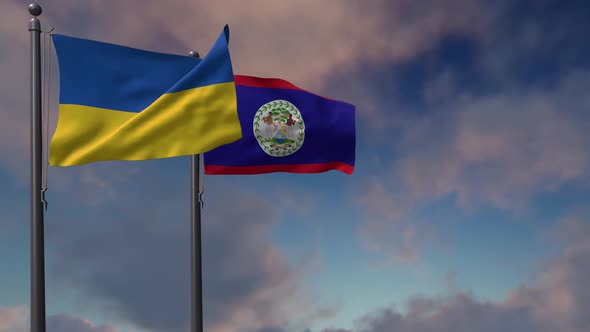 Belize Flag Waving Along With The National Flag Of The Ukraine - 4K