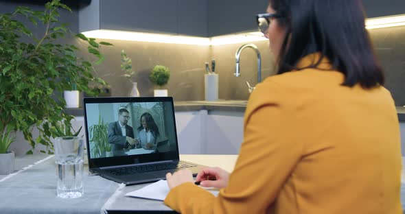 Woman Applauding After Successful Ending Online Video Briefing