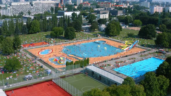 Aerial View Open Air Swimming Pool in City of Warsaw Poland