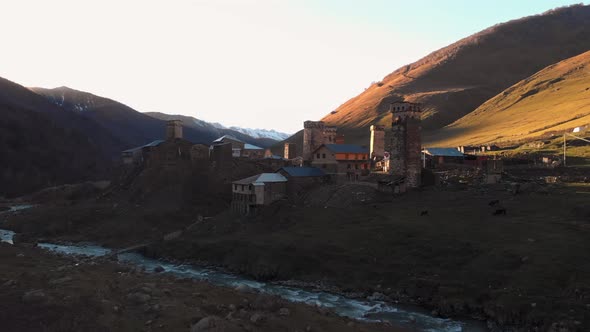 View of the Ushguli Village at the Foot of Mt