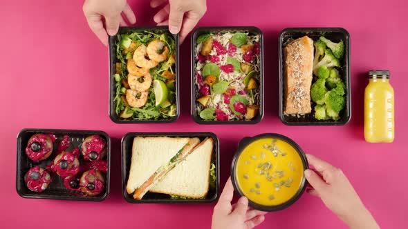 Food Delivery Top View Take Away Meals in Disposable Containers