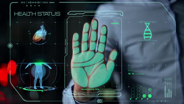 Futuristic Health Hand Scanner Identify User Checking Status Show Info Closeup