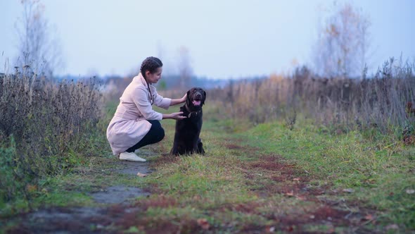 the girl plays with a labrador on a country road, then the dog playfully jumps