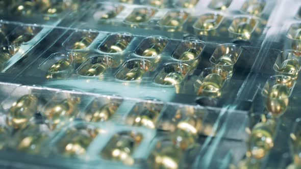 Pills of Fish Oil Moving Along the Conveyor. Close Up