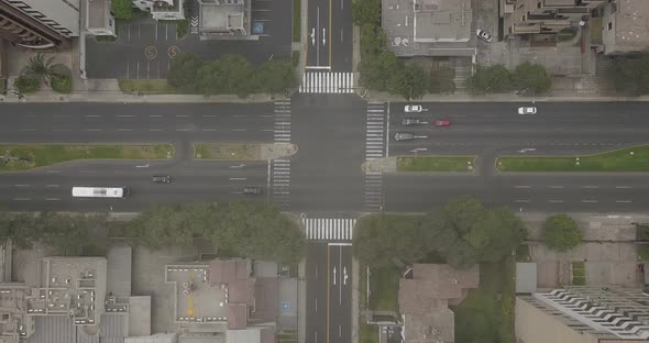 Aerial view of a foggy and empty city