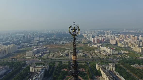 Star on the High Spire of the Main Building of Moscow State University. Aerial View