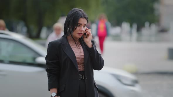 Young Businesswoman Excited Calls on Mobile Phone Angry That Person Late for Meeting at Scheduled