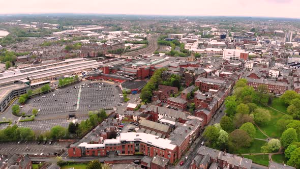 Aerial view of Preston train station as seen from above Avenham park