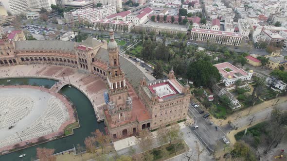 Top down view around Plaza de España Landmark, Seville cityscape background. Andalusia