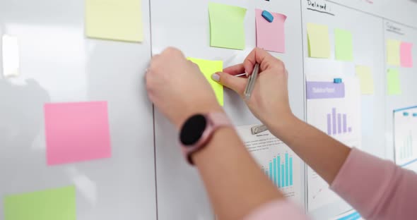 Woman Putting Green Sticker on Board and Writing Time on It Closeup  Movie Slow Motion