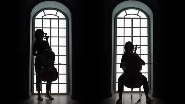 Cellist Playing a Musical Composition in the Evening Against the Window. Silhouette