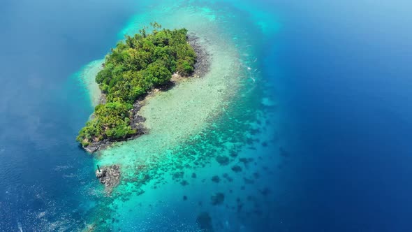 Aerial: flying over tropical island Banda Islands Maluku Indonesia