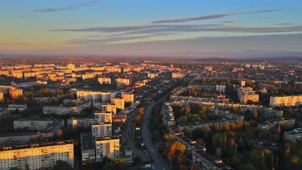 Colorful Dramatic Sunrise with Pnorama View of the Roof City Uzhgorod Transcarpathia Ukraine