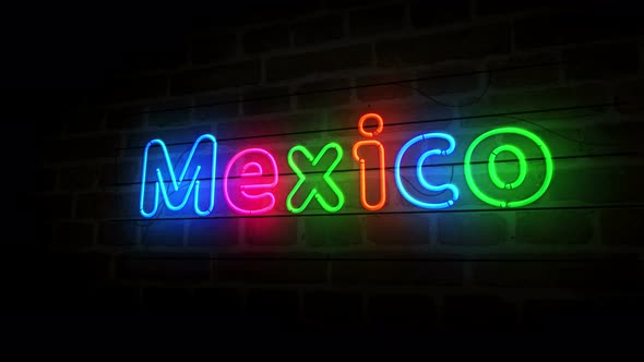 Mexico city symbol neon on brick wall 3d