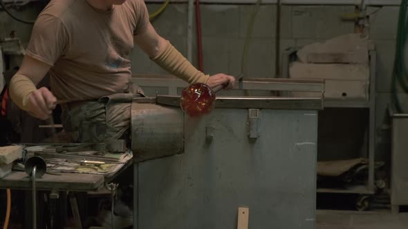 Glass Artist Working Blowing in Furnace in Murano