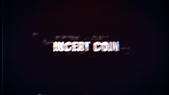 Insert Coin text with glitch effects retro screen