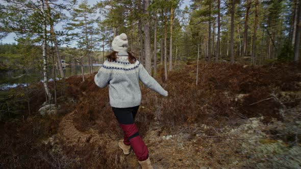 Girl Walks Forest in Spring