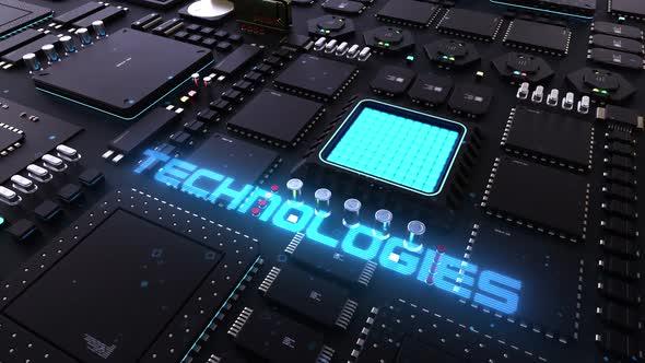 technology header on the background of the chip with a large number of processors. 