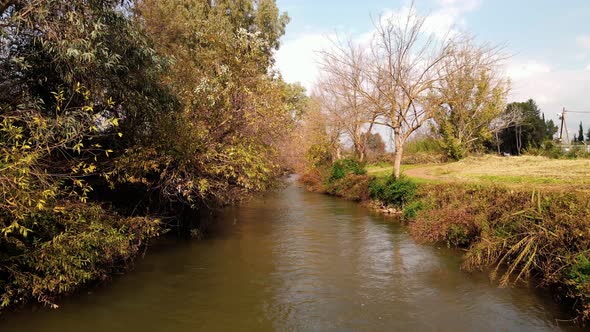 Water Flows in a Small Waterfall in the Lower Hermon River That Flows in Northern Israel