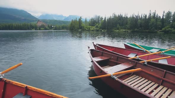Kayak Boat on Calm Mountain Summer Lake Close Up