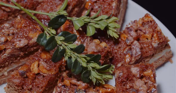 Traditional Walnut Cake on Plate Rotating