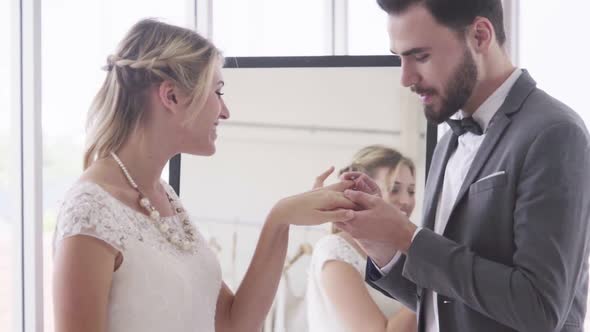 Happy Bride and Groom in Wedding Dress Prepare for Married in Wedding Ceremony