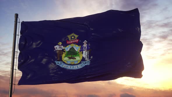 Flag of Maine Waving in the Wind Against Deep Beautiful Sky at Sunset