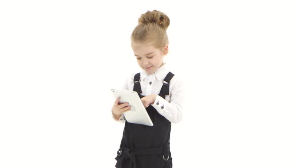Little Girl Business Lady Talking Online on Tablet, White Background