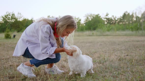 Beautiful Lady and Her Cute Small Dog Playing