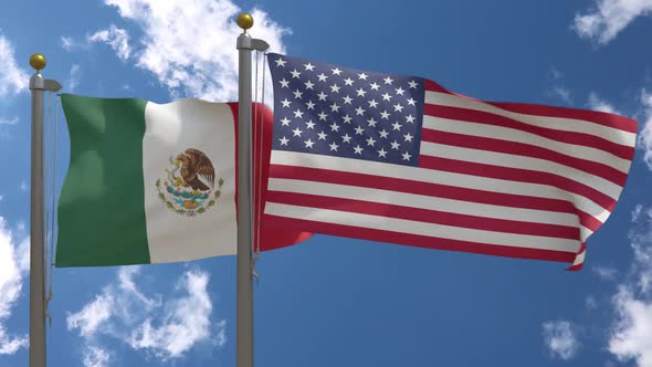 Mexico Flag Vs United States Of America Flag On Flagpole