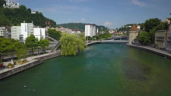 Aerial over Spreuerbrücke - centuries-old wooden pedestrian footbridge;