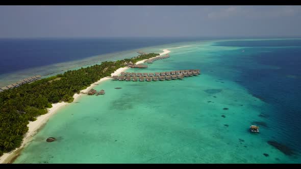 Aerial above texture of idyllic shore beach journey by shallow lagoon with clean sand background of 