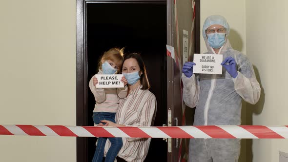 Sick Family of Mother and Daughter Opening Door for Doctor Coronavirus Quarantine Lockdown Concept