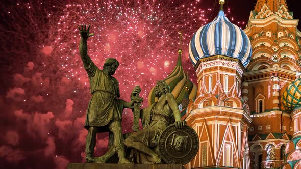 Celebratory colorful fireworks and Temple of Basil the Blessed,  Red Square, Moscow, Russia