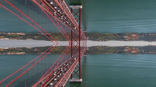 Abstract Hyperlapse Shot of Fly Through Big Red Suspension Bridge Over Wide River