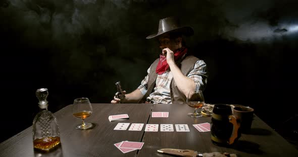 Cowboy is sitting at the poker table and smoking a cigar, smoke, wild west, 4k