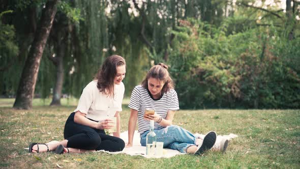 Two Young Women Are Making a Picnic with Wine.